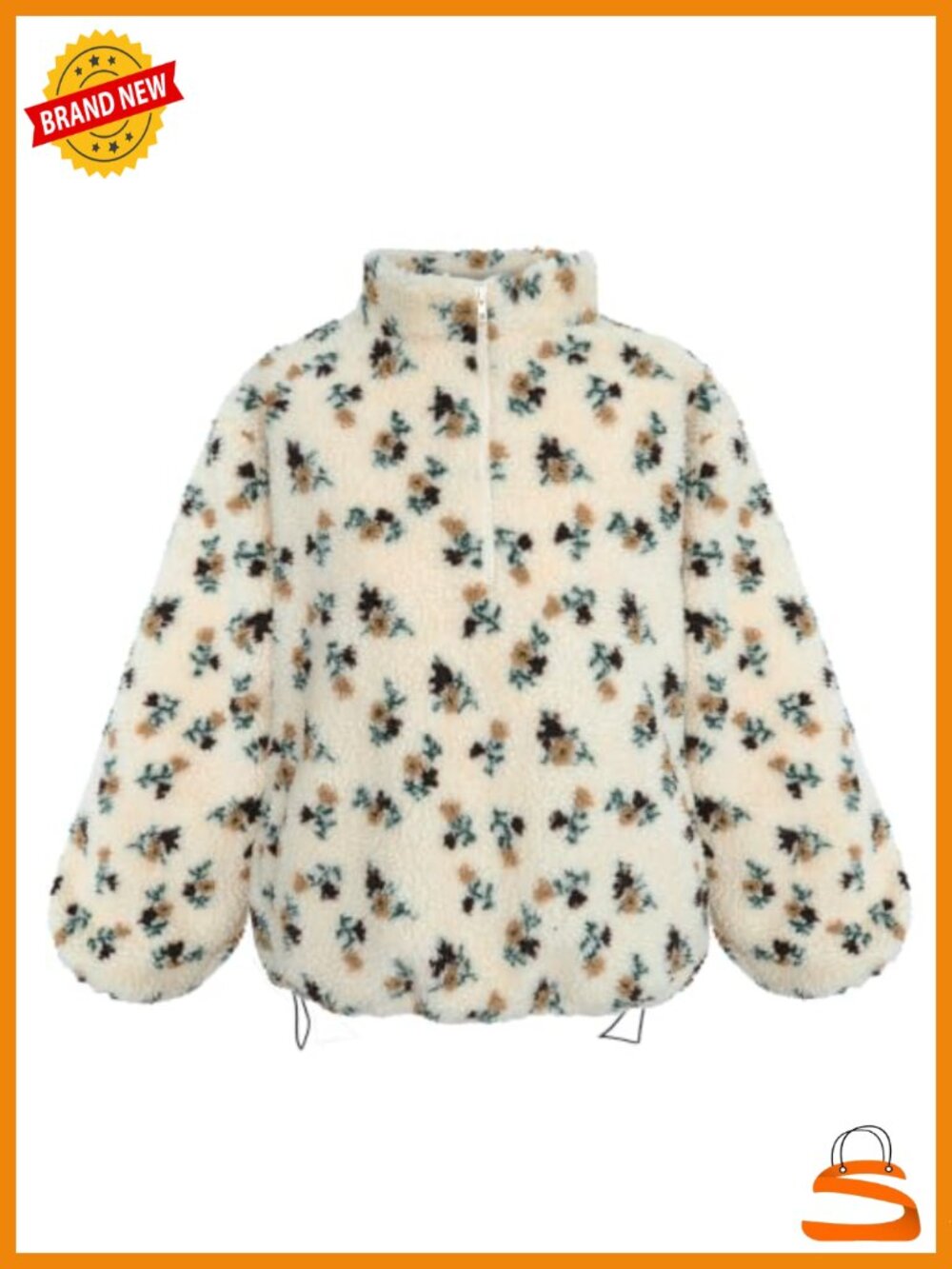 Fleece Quarter Zip Pullover Sweatshirt Oversized Mock Neck Floral Long Sleeve